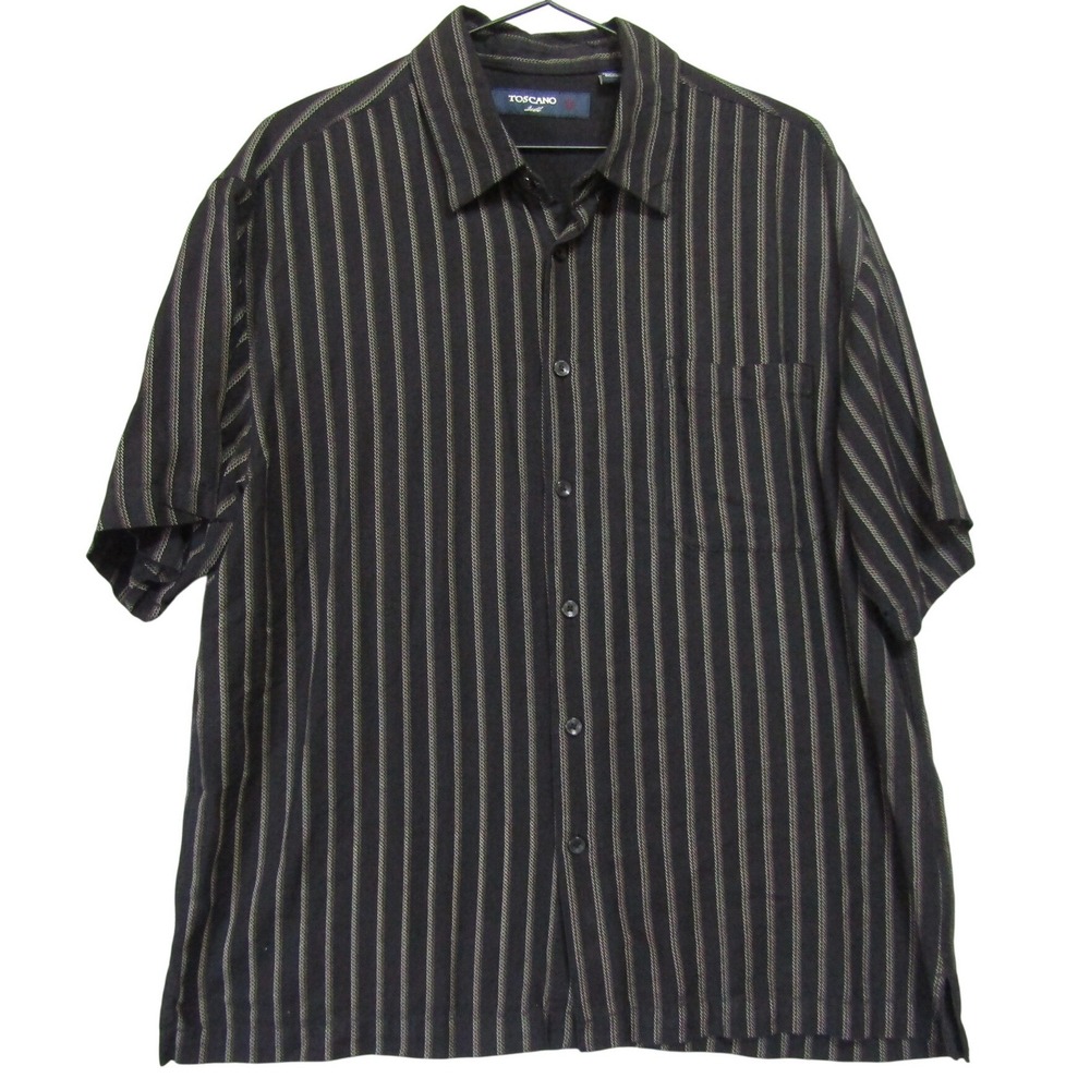Toscano Silk Rayon Shirt Mens Black Tan Striped Excellent Short Sleeve Button Up